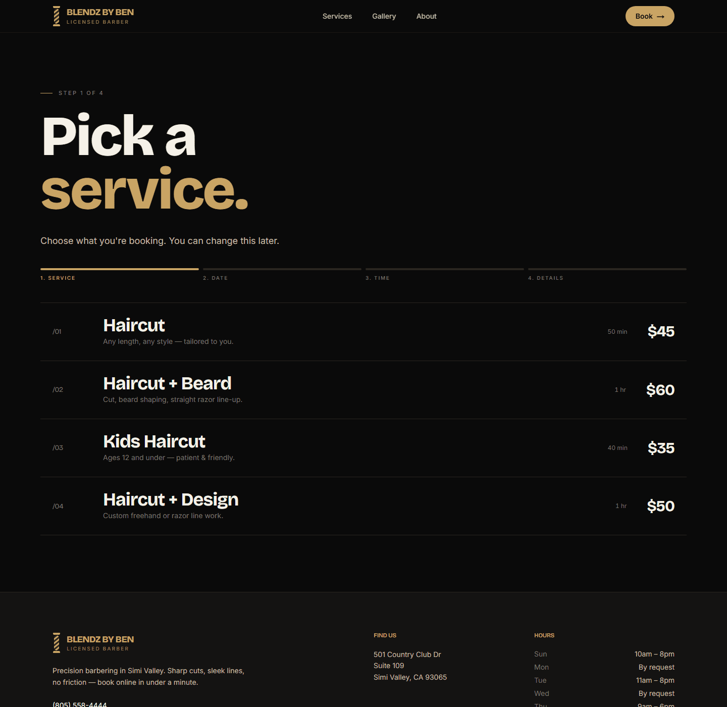 Booking flow — Step 1: Pick a service, with calendar and progress bar
